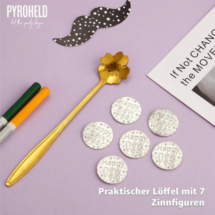PYROHELD let the party begin 7-teiliges Zinngießen - Set: Traditionelles Gießen mit Zinn wie Bleigießen, inklusive Löffel & Deutungsbuch - Silvester & Neujahr 2024 & 2025