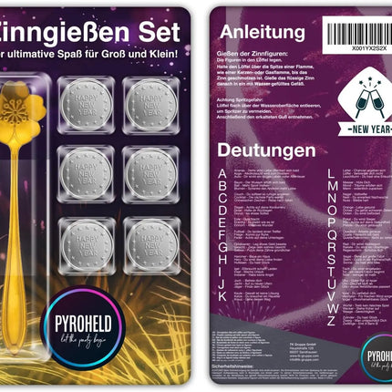 PYROHELD let the party begin 7-teiliges Zinngießen - Set: Traditionelles Gießen mit Zinn wie Bleigießen, inklusive Löffel & Deutungsbuch - Silvester & Neujahr 2024 & 2025