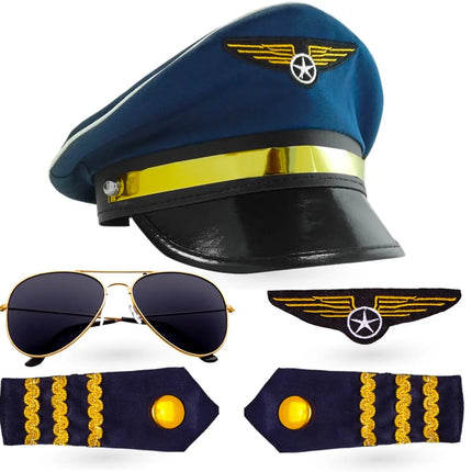 Pilot Kostüm Set Kapitän Fasching Karneval für Herren Kostüm mit Schulterklappen Streifen, Pilotenhut, Pilotenmütze, Abzeichen