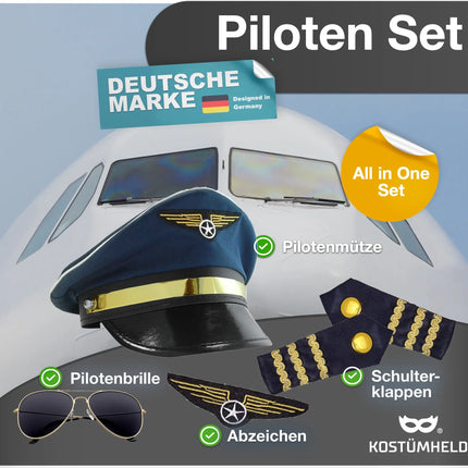 Pilot Kostüm Set Kapitän Fasching Karneval für Herren Kostüm mit Schulterklappen Streifen, Pilotenhut, Pilotenmütze, Abzeichen