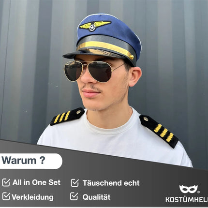 Pilot Kostüm Set Kapitän Fasching Karneval für Herren Kostüm mit Schulterklappen Streifen, Pilotenhut, Pilotenmütze, Abzeichen