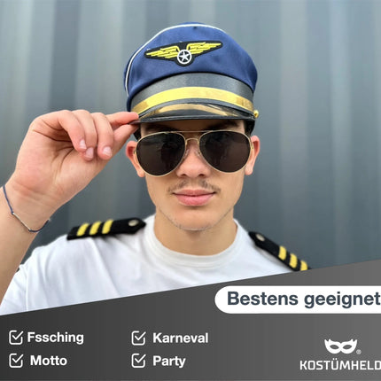 Pilot Kostüm Set Kapitän Fasching Karneval für Herren Kostüm mit Schulterklappen Streifen, Pilotenhut, Pilotenmütze, Abzeichen