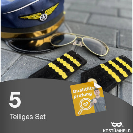 Pilot Kostüm Set Kapitän Fasching Karneval für Herren Kostüm mit Schulterklappen Streifen, Pilotenhut, Pilotenmütze, Abzeichen