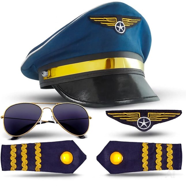Pilot Set für Herren – Kostüm für Fasching Karneval mit Schulterklappen Streifen, Pilotenhut