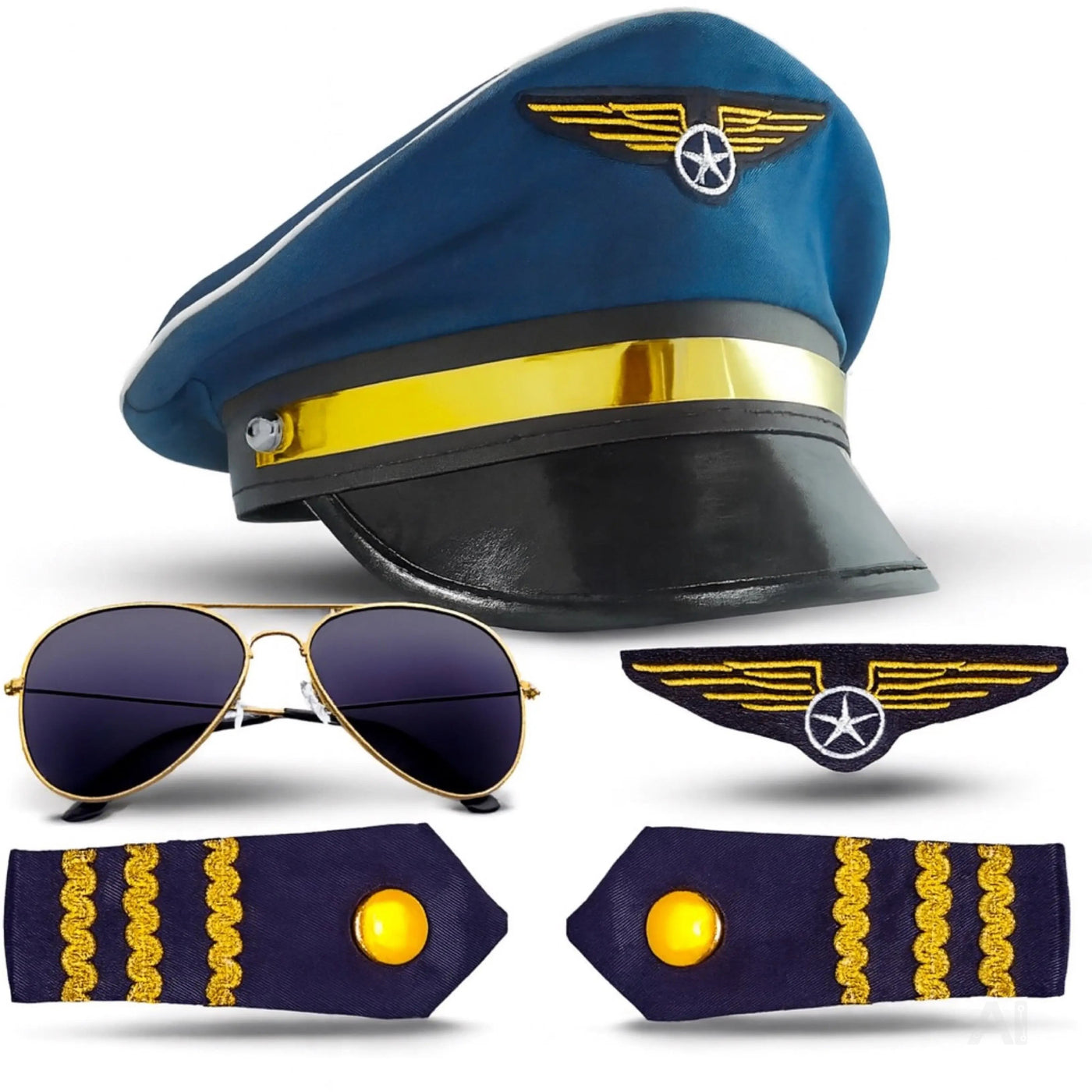 Pilot Set für Herren – Kostüm für Fasching Karneval mit Schulterklappen Streifen, Pilotenhut, Pilotenmütze, Abzeichen für Pilotenkostüm