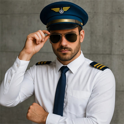 Pilot Set Kapitän für Herren – Kostüm für Fasching Karneval mit Schulterklappen Streifen, Pilotenhut, Pilotenmütze, Abzeichen für Pilotenkostüm