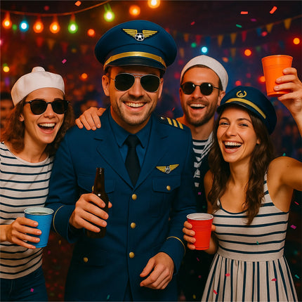 Pilot Set Kapitän für Herren – Kostüm für Fasching Karneval mit Schulterklappen Streifen, Pilotenhut, Pilotenmütze, Abzeichen für Pilotenkostüm