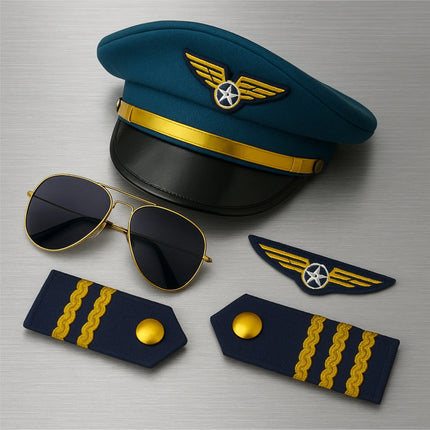 Pilot Set Kapitän für Herren – Kostüm für Fasching Karneval mit Schulterklappen Streifen, Pilotenhut, Pilotenmütze, Abzeichen für Pilotenkostüm