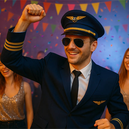 Pilot Set Kapitän für Herren – Kostüm für Fasching Karneval mit Schulterklappen Streifen, Pilotenhut, Pilotenmütze, Abzeichen für Pilotenkostüm