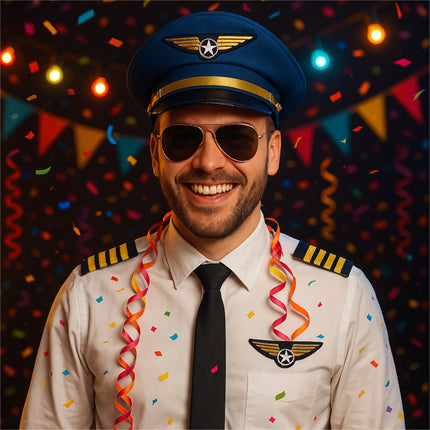 Pilot Set Kapitän für Herren – Kostüm für Fasching Karneval mit Schulterklappen Streifen, Pilotenhut, Pilotenmütze, Abzeichen für Pilotenkostüm