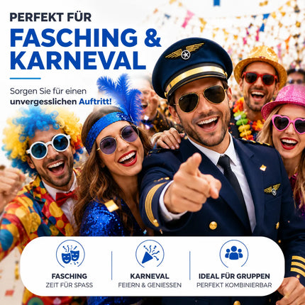 Pilot Set für Herren – Kostüm für Fasching Karneval mit Schulterklappen Streifen, Pilotenhut, Pilotenmütze, Abzeichen für Pilotenkostüm