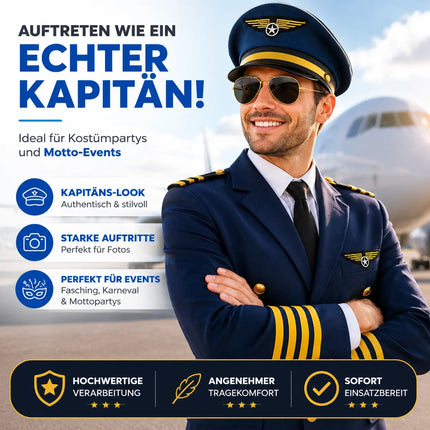 Pilot Set für Herren – Kostüm für Fasching Karneval mit Schulterklappen Streifen, Pilotenhut, Pilotenmütze, Abzeichen für Pilotenkostüm