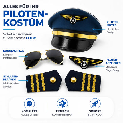 Pilot Set für Herren – Kostüm für Fasching Karneval mit Schulterklappen Streifen, Pilotenhut, Pilotenmütze, Abzeichen für Pilotenkostüm