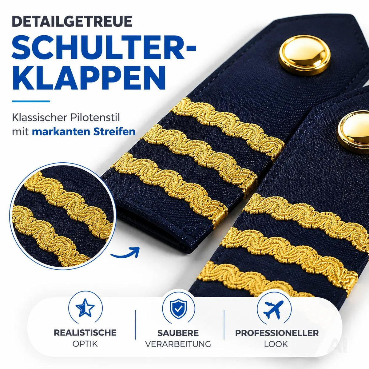 Pilot Set für Herren – Kostüm für Fasching Karneval mit Schulterklappen Streifen, Pilotenhut – Detailansicht 6