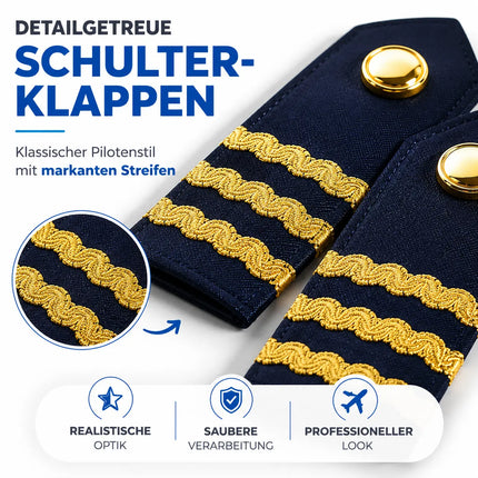 Pilot Set für Herren – Kostüm für Fasching Karneval mit Schulterklappen Streifen, Pilotenhut, Pilotenmütze, Abzeichen für Pilotenkostüm