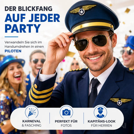 Pilot Set für Herren – Kostüm für Fasching Karneval mit Schulterklappen Streifen, Pilotenhut, Pilotenmütze, Abzeichen für Pilotenkostüm