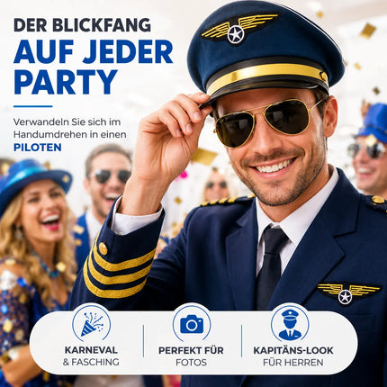 Pilot Set für Herren – Kostüm für Fasching Karneval mit Schulterklappen Streifen, Pilotenhut, Pilotenmütze, Abzeichen für Pilotenkostüm