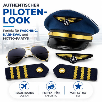 Pilot Set für Herren – Kostüm für Fasching Karneval mit Schulterklappen Streifen, Pilotenhut, Pilotenmütze, Abzeichen für Pilotenkostüm