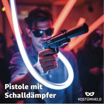 Pistole mit Schalldämpfer Kostüm Erwachsene 6 mm für Fasching Pistole wie Geheimagent, Lara Croft