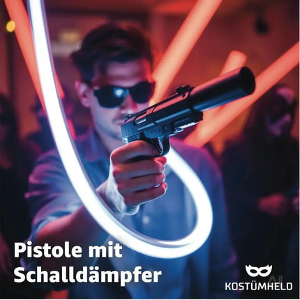 Pistole mit Schalldämpfer Kostüm Erwachsene 6 mm für Fasching Pistole wie Geheimagent, Lara Croft
