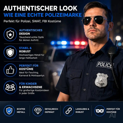Police Abzeichen Metall silber – Polizeimarke Accessoire für Polizei SWAT FBI Kostüm – Fasching & Karneval