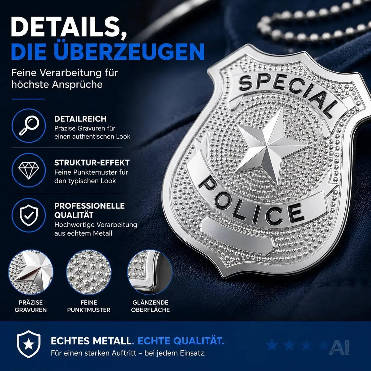 Police Abzeichen Metall silber – Polizeimarke Accessoire für Polizei SWAT FBI Kostüm – Fasching – Detailansicht 3