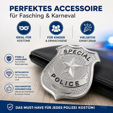 Police Abzeichen Metall silber – Polizeimarke Accessoire für Polizei SWAT FBI Kostüm – Fasching & Karneval