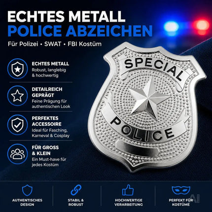 Police Abzeichen Metall silber – Polizeimarke Accessoire für Polizei SWAT FBI Kostüm – Fasching & Karneval