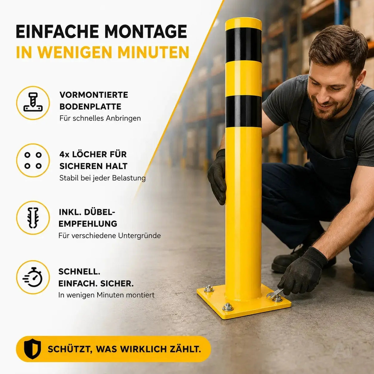 Rammschutzpoller 100 cm aus Stahl, Ø 60 mm – Absperrpfosten für Lager, Garage und Hof – Detailansicht 2