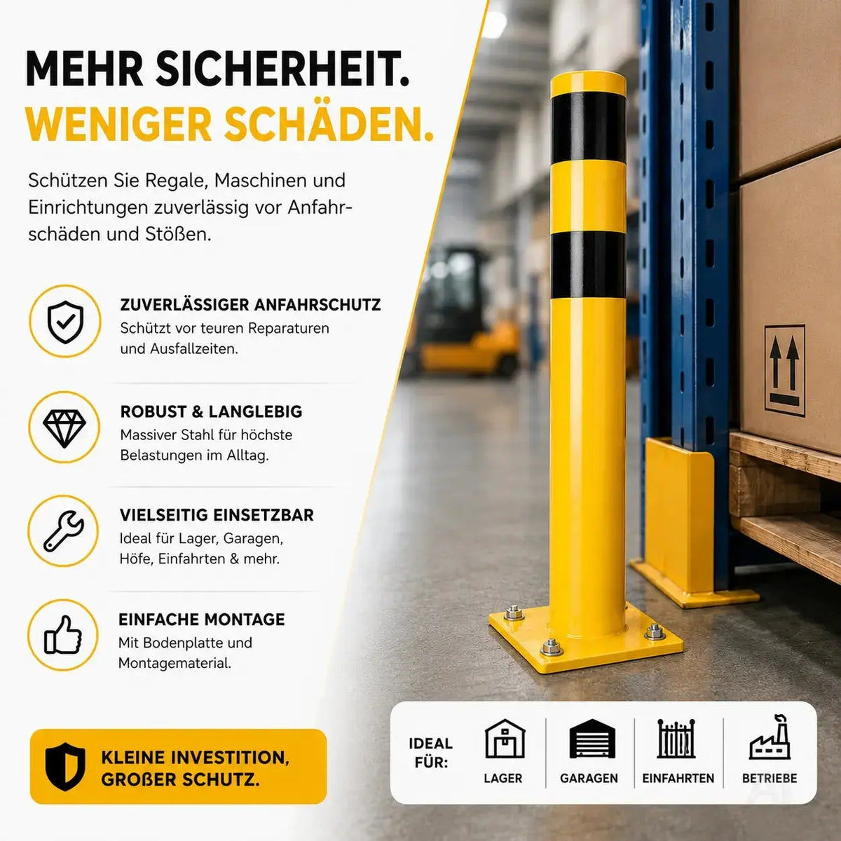 Rammschutzpoller 100 cm aus Stahl, Ø 60 mm – Absperrpfosten für Lager, Garage und Hof – Detailansicht 6