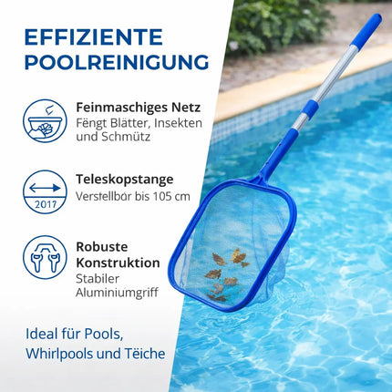 Pool Kescher mit 105 cm Teleskopstange – Teichkescher zur Poolreinigung für Schwimmbad, Whirlpool, Aufstellpool & Teich