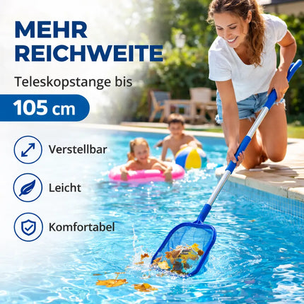 Pool Kescher mit 105 cm Teleskopstange – Teichkescher zur Poolreinigung für Schwimmbad, Whirlpool, Aufstellpool & Teich