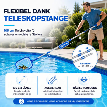 Pool Kescher mit 105 cm Teleskopstange – Teichkescher zur Poolreinigung für Schwimmbad, Whirlpool, Aufstellpool & Teich