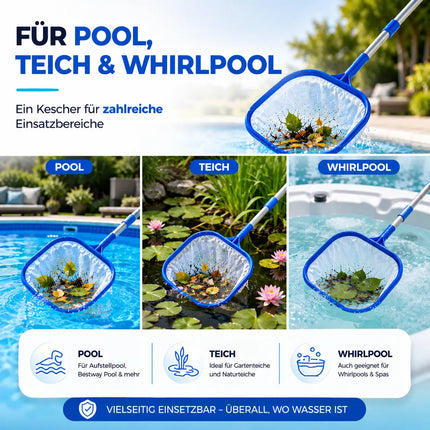 Pool Kescher mit 105 cm Teleskopstange – Teichkescher zur Poolreinigung für Schwimmbad, Whirlpool, Aufstellpool & Teich