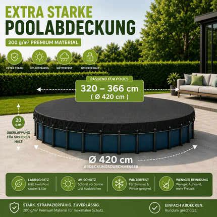 Poolabdeckplane rund schwarz – 200 g/m² Solar Poolabdeckung UV-beständig für Sommer und Winter (320 – 366 cm (Ø 420 cm))