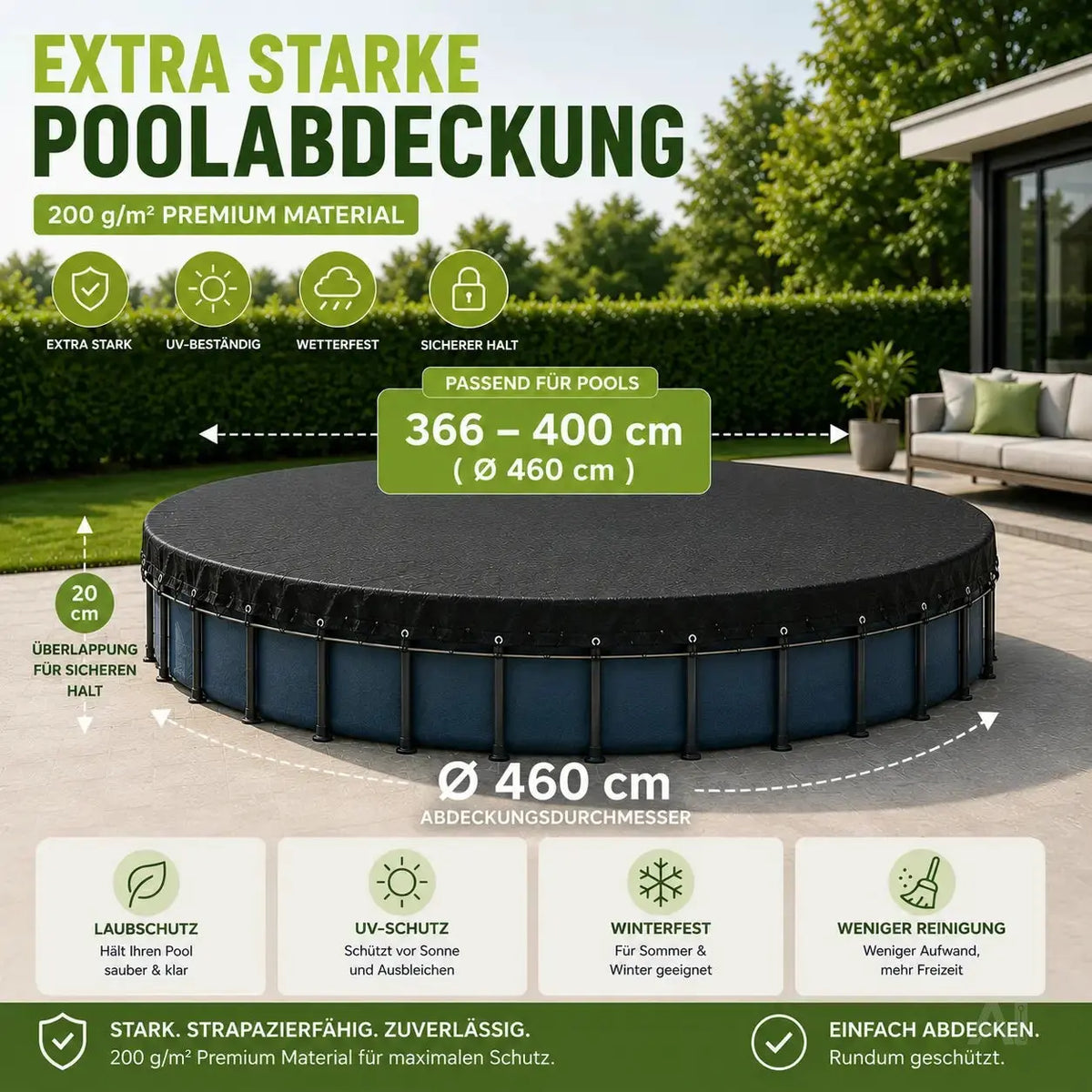 Poolabdeckplane rund schwarz – 200 g/m² Solar Poolabdeckung UV-beständig für Sommer und Winter – Detailansicht 2