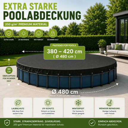 Poolabdeckplane rund schwarz – 200 g/m² Solar Poolabdeckung UV-beständig für Sommer und Winter (380 – 420 cm (Ø 480 cm))