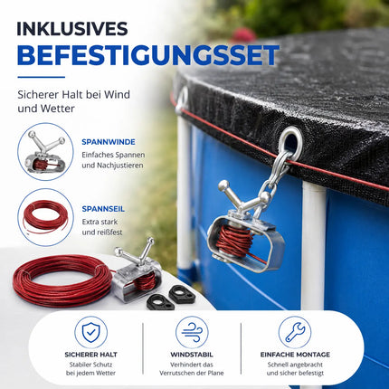 Poolabdeckplane rund schwarz – 200 g/m² Solar Poolabdeckung UV-beständig für Sommer und Winter (380 – 420 cm (Ø 480 cm))