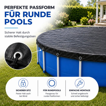 Poolabdeckplane rund schwarz – 200 g/m² Solar Poolabdeckung UV-beständig für Sommer und Winter (380 – 420 cm (Ø 480 cm))
