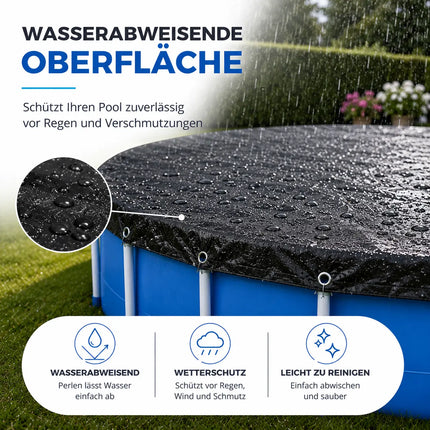 Poolabdeckplane rund schwarz – 200 g/m² Solar Poolabdeckung UV-beständig für Sommer und Winter (380 – 420 cm (Ø 480 cm))