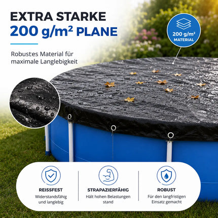 Poolabdeckplane rund schwarz – 200 g/m² Solar Poolabdeckung UV-beständig für Sommer und Winter (380 – 420 cm (Ø 480 cm))