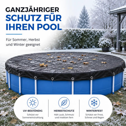 Poolabdeckplane rund schwarz – 200 g/m² Solar Poolabdeckung UV-beständig für Sommer und Winter (380 – 420 cm (Ø 480 cm))