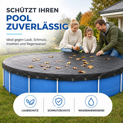 Poolabdeckplane rund schwarz – 200 g/m² Solar Poolabdeckung UV-beständig für Sommer und Winter (380 – 420 cm (Ø 480 cm))