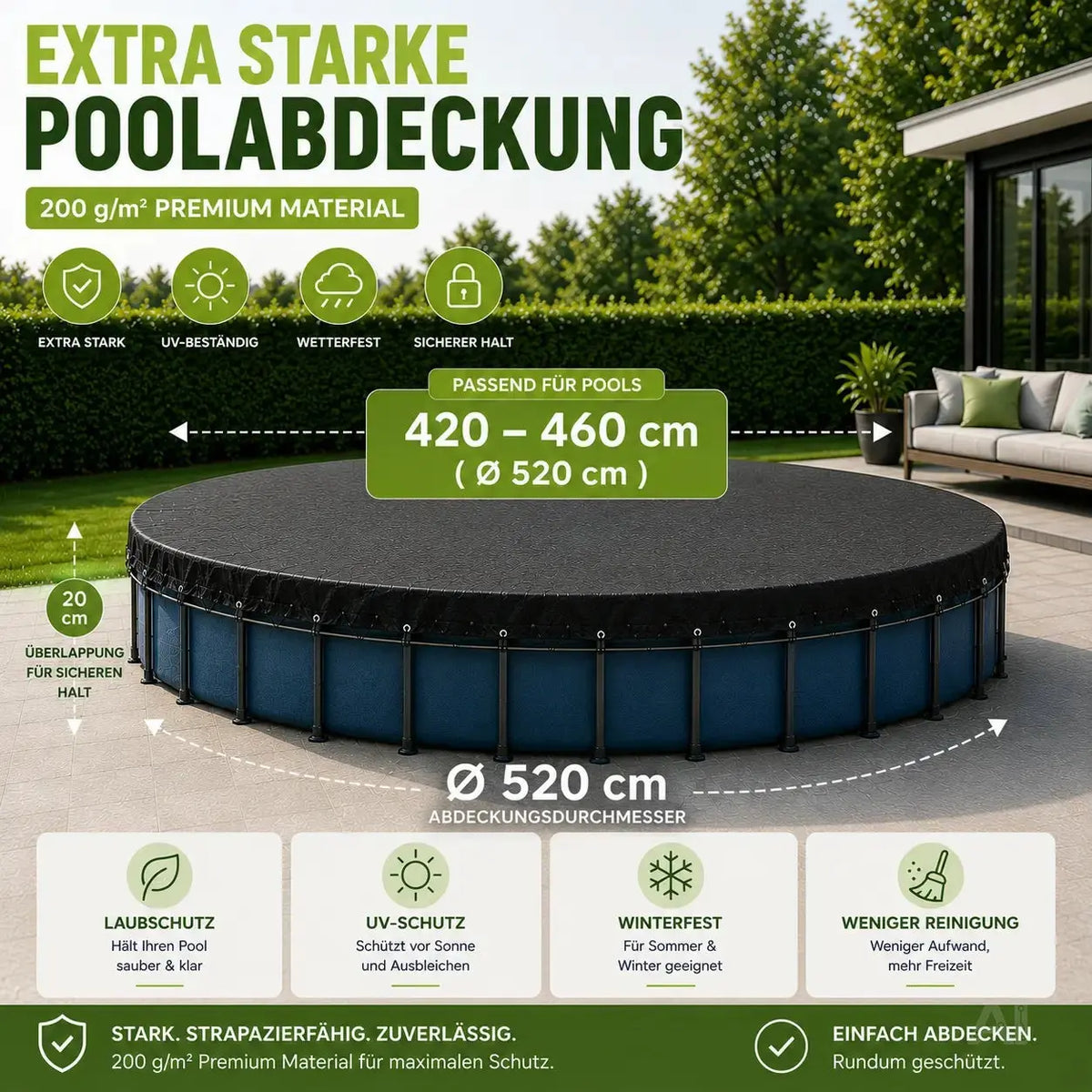 Poolabdeckplane rund schwarz – 200 g/m² Solar Poolabdeckung UV-beständig für Sommer und Winter – Detailansicht 2