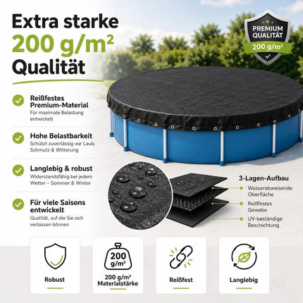 Poolabdeckplane rund schwarz – 200 g/m² Solar Poolabdeckung UV-beständig für Sommer und Winter – Detailansicht 8