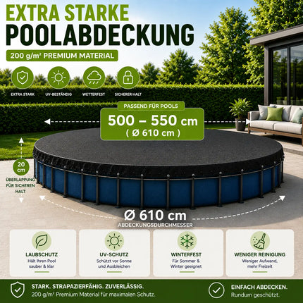 Poolabdeckplane rund schwarz – 200 g/m² Solar Poolabdeckung UV-beständig für Sommer und Winter (500 – 550 cm (Ø 610 cm))