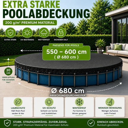 Poolabdeckplane rund schwarz – 200 g/m² Solar Poolabdeckung UV-beständig für Sommer und Winter (550 – 600 cm (Ø 680 cm))