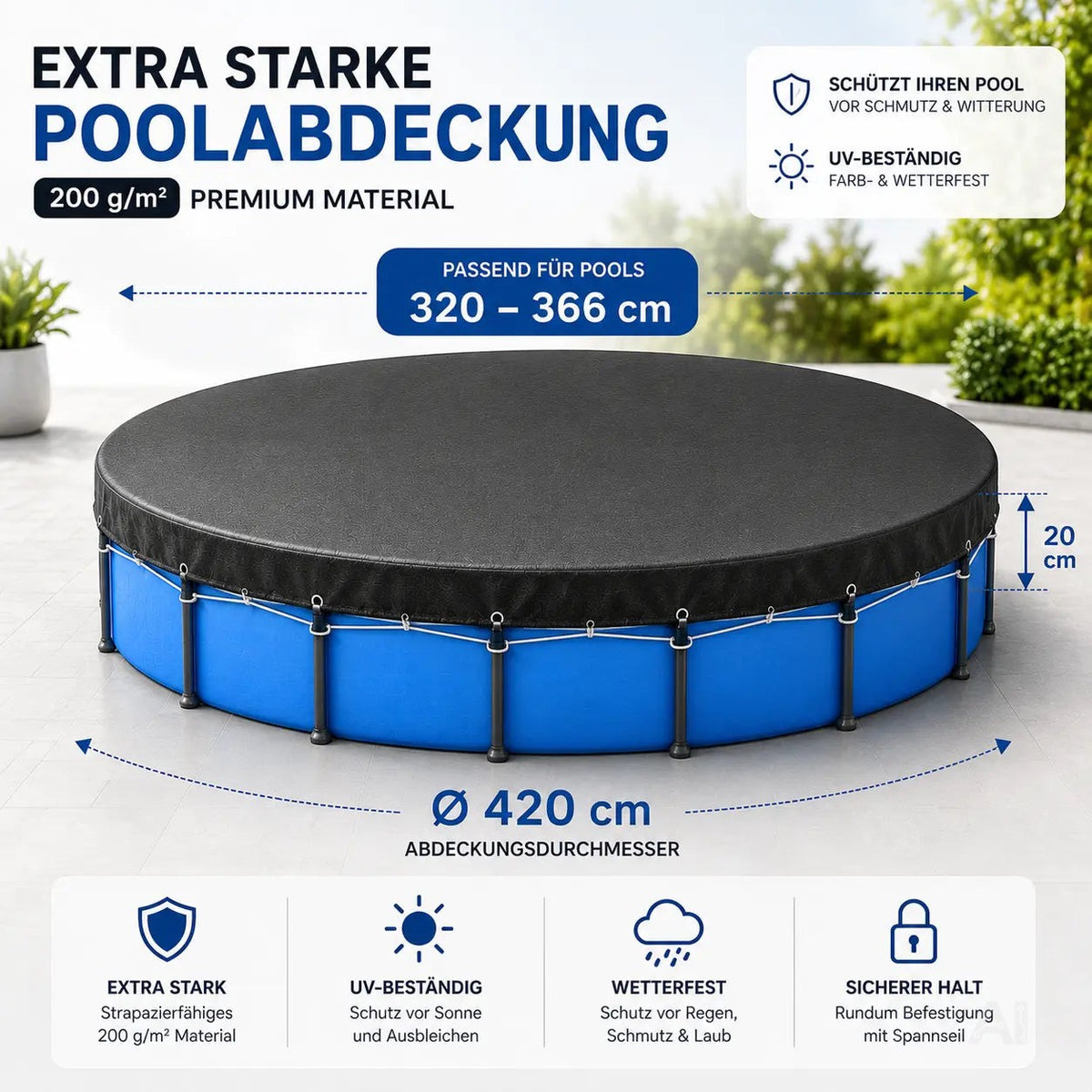 Poolabdeckung rund – Extra starke 200 g/m² Poolplane schwarz – UV-resistente Solar Sommer – Detailansicht 2