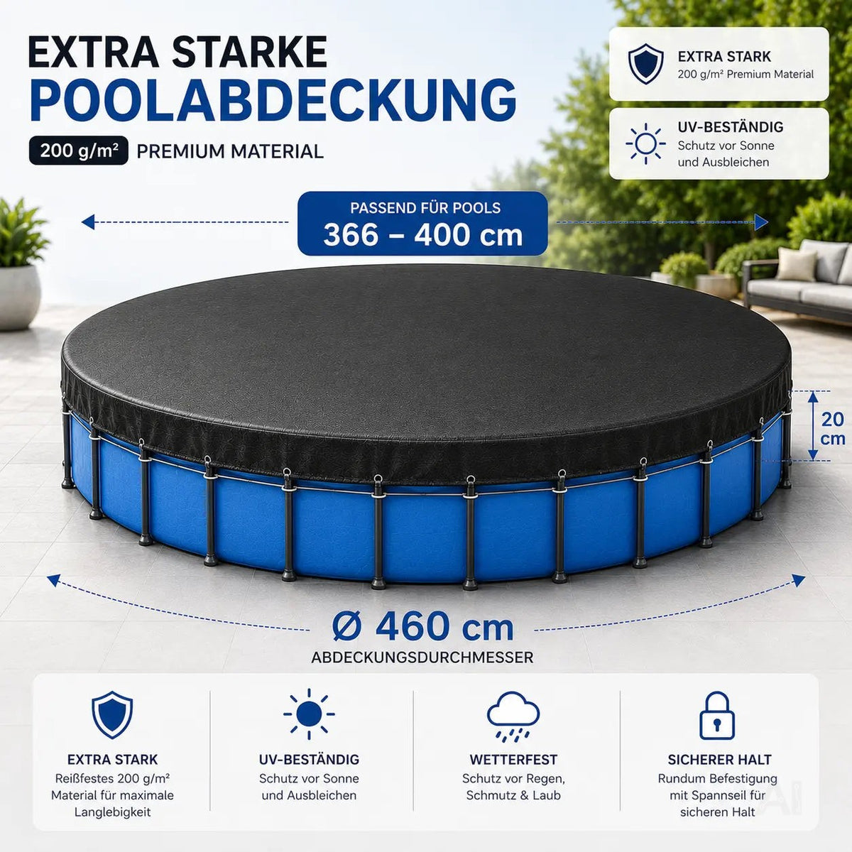 Poolabdeckung rund – Extra starke 200 g/m² Poolplane schwarz – UV-resistente Solar Sommer – Detailansicht 2