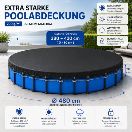Poolabdeckung rund – Extra starke 200 g/m² Poolplane schwarz – UV-resistente Solar Sommer – Detailansicht 2